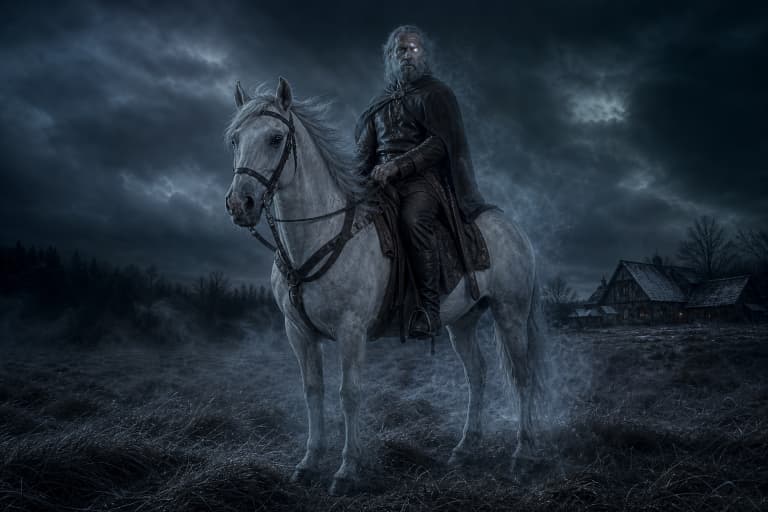 Предводитель дикой охоты — Немецкие народные легенды (Grimm, Deutsche Sagen) — одноглазый старец на белом коне, ведущий свиту из душ умерших